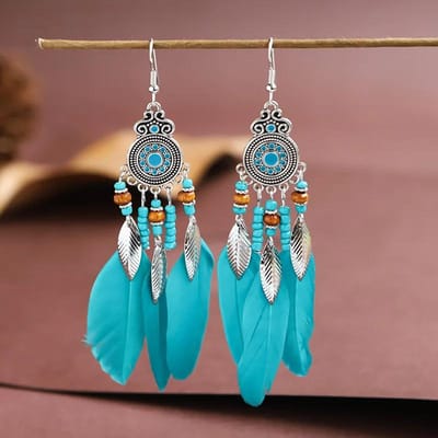 Boheemse etnische veer oorbellen voor vrouwen elegante houten kralen blad lange kwastjes bungel oorbel meisjes mode feest sieraden blue
