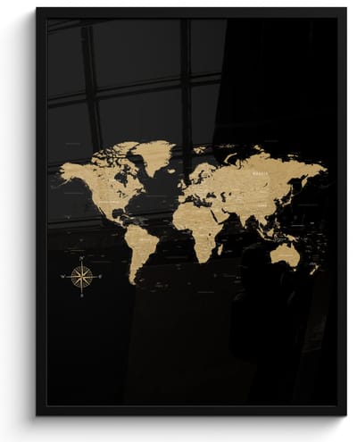 Poster in lijst - Fotolijst 60x80 cm - Posters - Wereldkaart - Beige - Zwart - Posterlijst zwart - Decoratie - Wanddecoratie woonkamer - Muurdecoratie slaapkamer