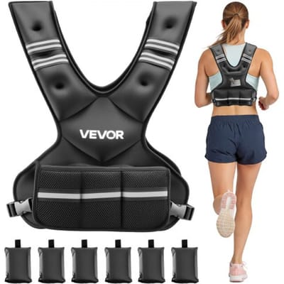 VEVOR Verstelbaar Gewichtvest met 6 x 2 lb Gewichtzakken voor individuele training, X-vormig fitnessvest met reflecterende strepen en gespbanden voor krachttraining, hardlopen en joggen, zwart