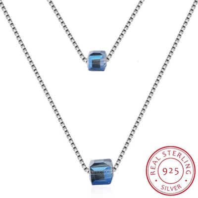 Collier Pendentif Perles Cubiques en Cristal Lekani Chaîne Double Couche Argent Sterling 925 Pour Femmes Cadeau Chic bleu