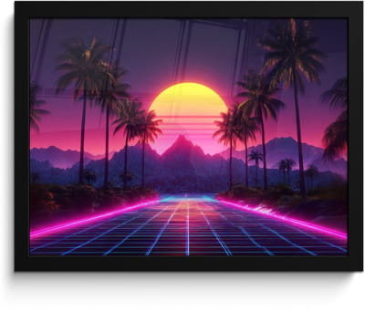 Poster in lijst - Fotolijst 40x30 cm - Posters - Horizon - Palmbomen - Bergen - Geel - Posterlijst zwart - Decoratie - Wanddecoratie woonkamer - Muurdecoratie slaapkamer