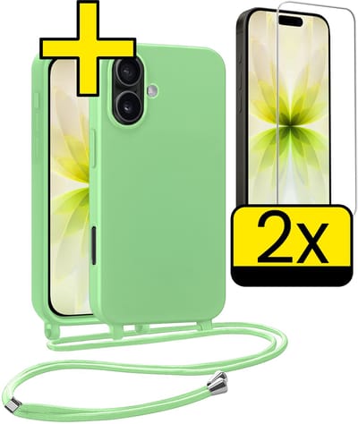 Hoesje Geschikt voor iPhone 17 Hoesje Met Koord Met 2x Screenprotector Siliconen Case - Hoes Geschikt voor iPhone 17 Backcover Met Afneembaar Koord - Groen