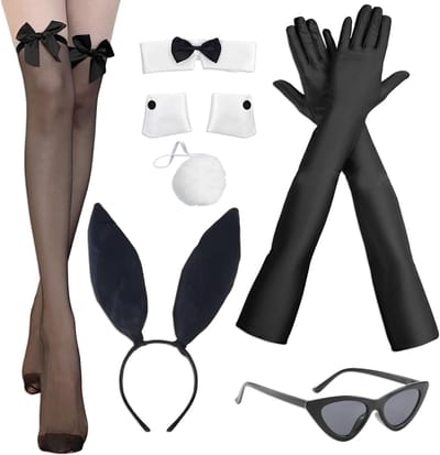 Zwart Bunny Kostuum Set voor Vrouwen, 7 Delige Set met Konijnenoren, Strik, Handschoenen en Visnet Kousen voor Feestjes en Carnaval