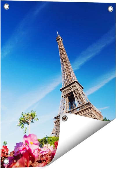 Gards Tuinposter Eiffeltoren in Parijs met Bloemen - 40x50 cm - Tuindoek - Tuindecoratie - Wanddecoratie buiten - Tuinschilderij