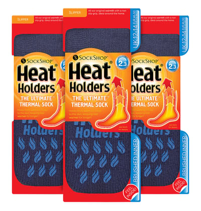 Heat Holders 3 paar pantoffelsokken voor heren met grips - Diepblauw