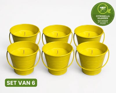 Set van 6 Citronella Emmerkaarsen Geel – Anti Muggen Kaarsen in Metalen Emmertje – Ø 8 cm x 7 cm – Voor Tuin, Balkon & Terras