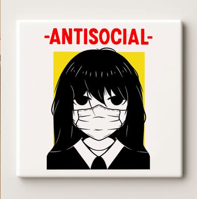 Antisocial Anime Meisje Tegel 15x15cm – Stijlvolle Japanse Kunst Wanddecoratie, Leuk Cadeau voor Introverten en Animefans