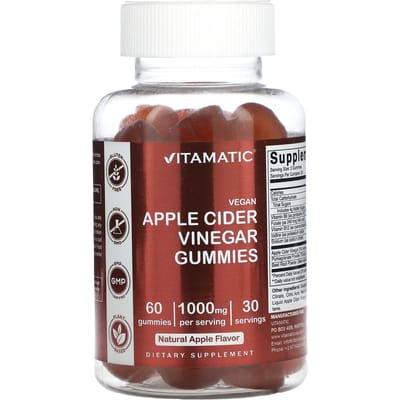 Vitamatic, vinaigre de cidre de pomme végan, saveur naturelle de pomme, 1 000 mg, 60 gommes (500 mg par bonbon gélifié)