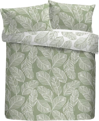 Famanu Matteo Green Leaf Dekbedovertrek - Super kingsize beddengoed (260 x 220 cm) - omkeerbaar ontwerp (witte en groene kleuren) - dekbedovertrek groen blad/bladeren - saliegroen beddengoed -
