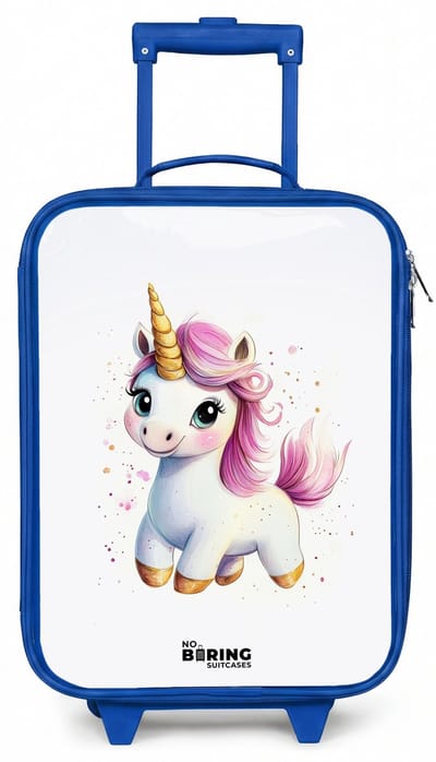 NoBoringSuitcases.com® - Kinderkoffer blauw - Kindertrolley jongen - Witte eenhoorn met roze manen - Koffer kind lichtgewicht - Reiskoffer trolley voor kinderen - Koffertje met lichtgevende wieltjes - Rolkoffer