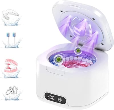 Ultrasone reiniger - Ultrasone gebitsreinigingsmachine - Kunstgebit & Prothese Schoonmaken - Ultrasoon reinigingsapparaat met UV-functie - 300 ml - Reiniger voor gebitsprotheses, orthodontische retainers, tandenborstelkopjes en sieraden - Wit