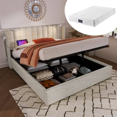 DESMIU Gestoffeerd Bed 140x200cm - Bed Met Leeslamp En Oplaadfunctie - Opbergruimte Onder Bed - Voor Slaapkamer Of Jeugdkamer - Linnen - Natuurlijk - Met Matras