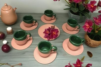 Keramiek handgemaakt espressoset - koffiekopjes en schoteltjes - 6 stuks - donker groen en vaatwasbestendig