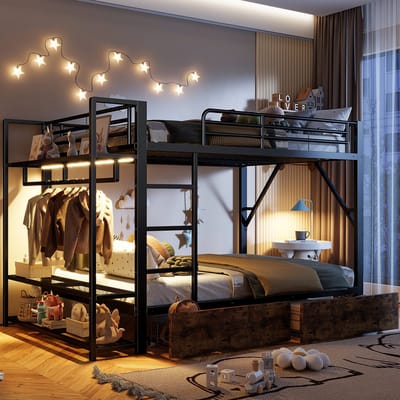 Stapelbed, 140 x 200 cm, Ijzeren Frame, 2 Lades, Meerdere Planken, met Led-lichtstrip, met Kledingstang, Matras niet Inbegrepen, Zwart