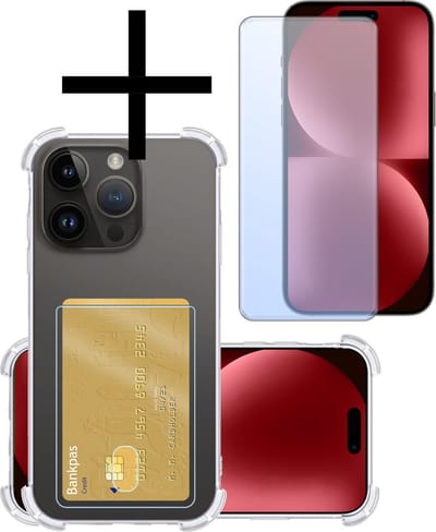 Hoesje - Geschikt voor Apple iPhone 15 Pro - Met Screenprotector - En Pashouder - En Kaarthouder - Telefoon Hoes Shockproof - Siliconen Case - Back Cover - Shock Proof - Pasjes Houder - Transparant
