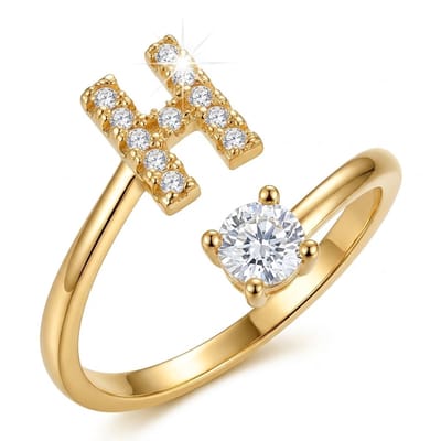 Goudkleurige witkleurige ring dames met initiaal H en ronde steen – open ring verstelbaar letter ring met strass details en zirkonia look