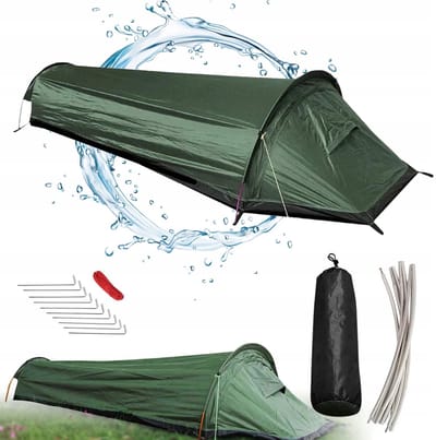 Slaapzak Tent - Opvouwbare Tent - 1-persoons Outdoor Tent - Groen Polyester - 220x90x50cm - Waterdicht & Windbestendig - Lichtgewicht & Snel Opzetten - Voor Kamperen & Wandelen