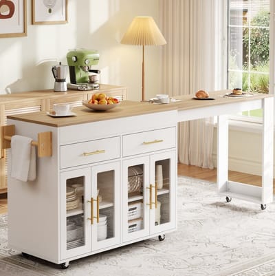 Wishdor - Keukenkast - Uitschuifbaar keuken eiland met wielen - lades en glazen deuren - Scandinavische stijl - keuken en eetruimte - houtlook - wit - 132,5-217 x 50 x 93 cm