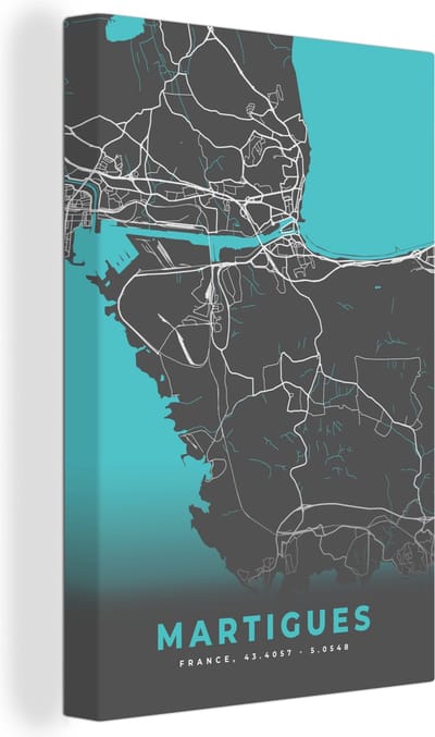 Canvas Schilderij Martigues - Frankrijk - Plattegrond - Kaart - Stadskaart - 20x30 cm - Wanddecoratie