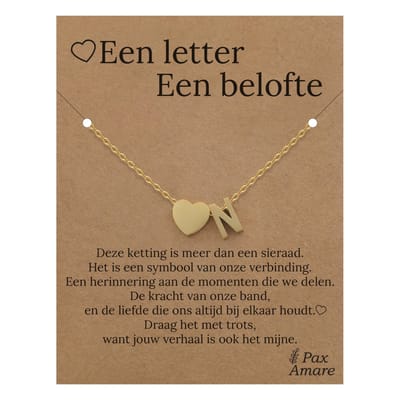 Letter N ketting op Cadeau Kaartje - Een letter, een belofte - 45cm Goudkleurig Stainless Steel - Initiaal & Hartje Hanger - Pax Amare