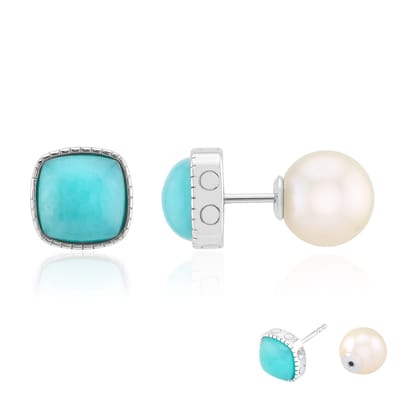 Cavill - Zilveren Oorbellen - 925 Sterling Zilver met Rhodium - 9mm Witte Zoetwaterparels & 4,3ct Braziliaanse Amazoniet - Elegant