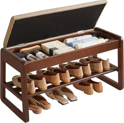 Houten Schoenenopberger met 2 Niveaus en Verborgen Opslag, 80 cm Organizer voor Hal en Woonkamer, Walnoot Kleur, Ruimtebesparend en Stijlvol Design