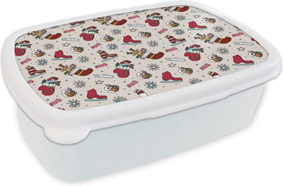 Broodtrommel Wit - Lunchbox - Brooddoos - Kerst - Schaats - Kerstcadeau - Patroon - 18x12x6 cm - Volwassenen
