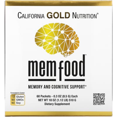 Mem Food, Geheugen & Cognitie Booster, Mem Blend, L-Serine, Biologische Reishi Paddenstoelen, Blauwe Bessen Sap Poeder, 60 Zakjes, 8.5G (0.3Oz) Per Pakje
