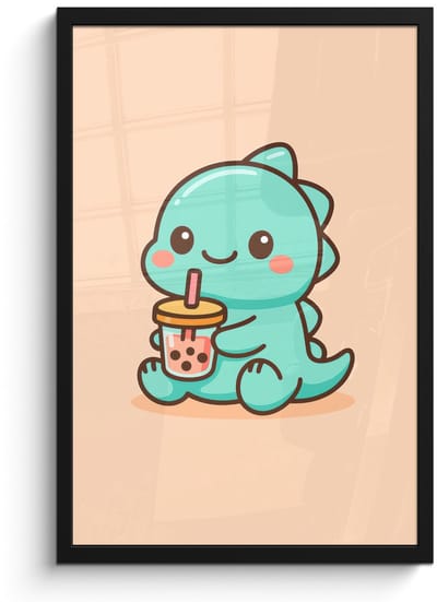 Poster in lijst - Fotolijst 40x60 cm - Posters - Dino - Boba - kawaii - Oranje - Posterlijst zwart - Decoratie - Wanddecoratie woonkamer - Muurdecoratie slaapkamer