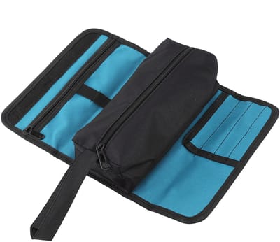 Dailygoods - Gereedschapstas - Oprolbaar - Compact formaat - Zwart + Blauw - Organizer - Geschikt voor elektriciens - 2 compartimenten
