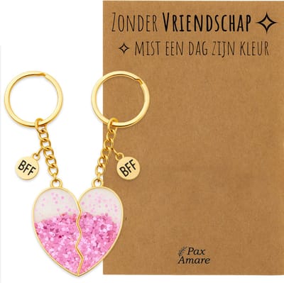 BFF Sleutelhanger voor 2 'Zonder Vriendschap mist een dag zijn kleur' - Roze Glitter Hartje - Sleutelhanger set op Cadeau Kaartje - Goudkleurig - Vriendschap Symbool - Pax Amare