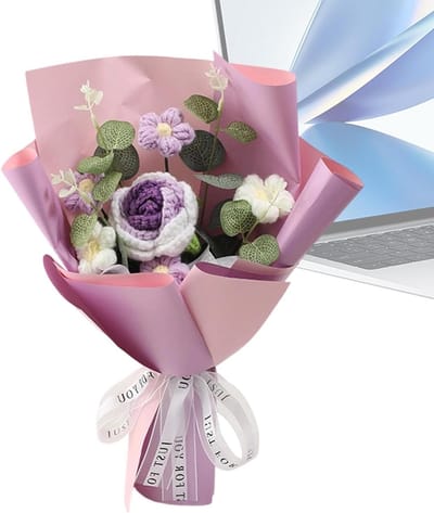 Gehaakt bloemenboeket - Gebreide bloemen - Decoratief geschenk - Handgemaakte kwaliteit - 6x26x6 cm - Paars