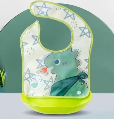 Without Lemons Slabbetje met opvangbak Groene Dino| Verstelbaar |Baby Dreumes en peuters | Vaatwasbestendig| 0 -3 Jaar |Unisex | Kraamcadeau | Cadeau |Duurzaam