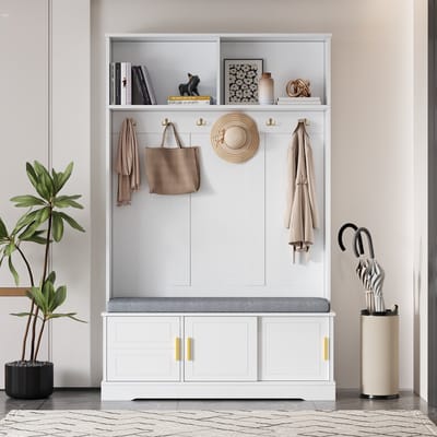 BLACKCOLORS Kapstok met schoenenbank, garderobe, 6 drievoudige haken, vrijstaand, ruimtebesparend, voor hal, gang, wit, 120×40×191 cm