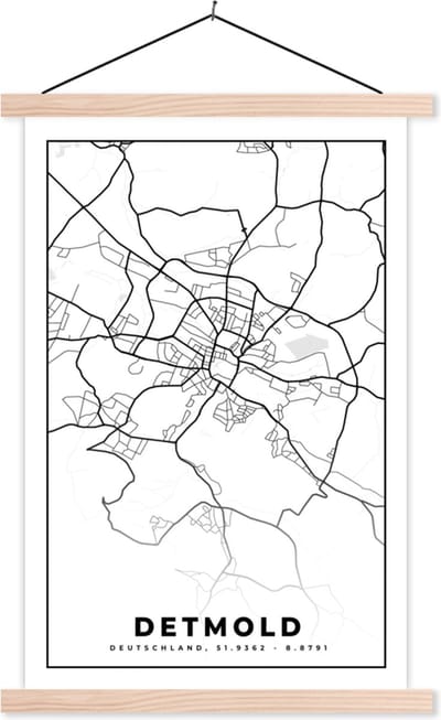 Posterhanger incl. Poster 40x60 cm - Schoolplaat - Kaart - Stadskaart - Detmold - Plattegrond - Textielposter - Blanke latten - Stadskaart