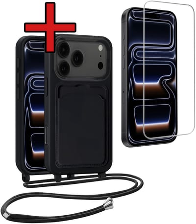 Hoesje Geschikt voor iPhone 17 Pro / 18 Pro Hoesje Met Telefoonkoord en Pasjeshouder Met Screenprotector Siliconen - Hoes Geschikt voor iPhone 17 Pro / 18 Pro Hoesje Met Kaarthouder Case - Zwart