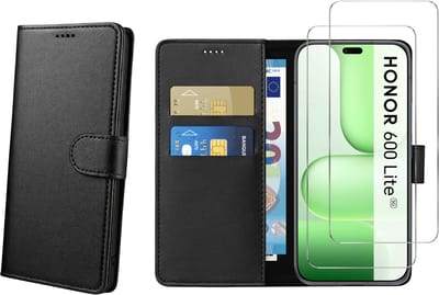 Hoesje Portemonnee geschikt voor Honor 600 Lite 5G Zwarte portemonnee met magnetische klep en kaartopslag en 2 stuks Screenprotector Gehard Glas
