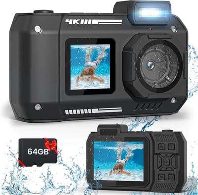 33FT onderwatercamera 4K 65MP waterdichte camera - onderwatercamera voor snorkelen met 64GB kaart autofocus selfie dual screen, digitale camera waterdicht compact drijvend (zwart)