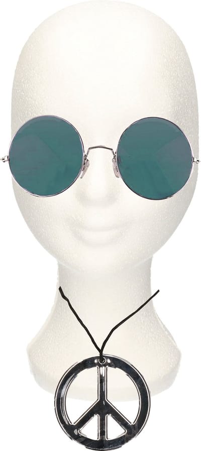 Smiffys Hippie Flower Power verkleed set - peace ketting - en ronde glazen party bril - groen - volwassenen