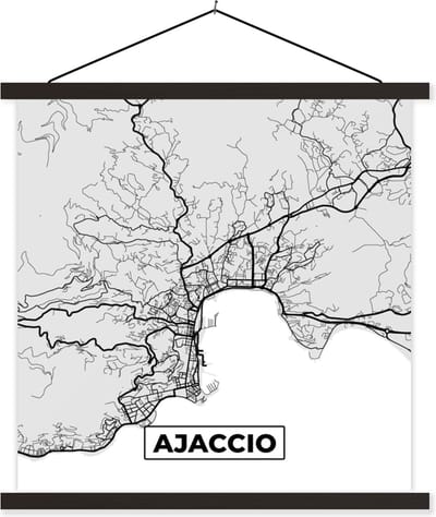 Posterhanger incl. Poster 60x60 cm - Schoolplaat - Kaart - Stadskaart - Frankrijk - Ajaccio - Plattegrond - Textielposter - Zwarte latten - Stadskaart