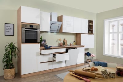 Goedkope keuken 380 cm - complete keuken met apparatuur Lorena - Eiken/Wit mat - soft close - keramische kookplaat - vaatwasser - afzuigkap - oven - spoelbak