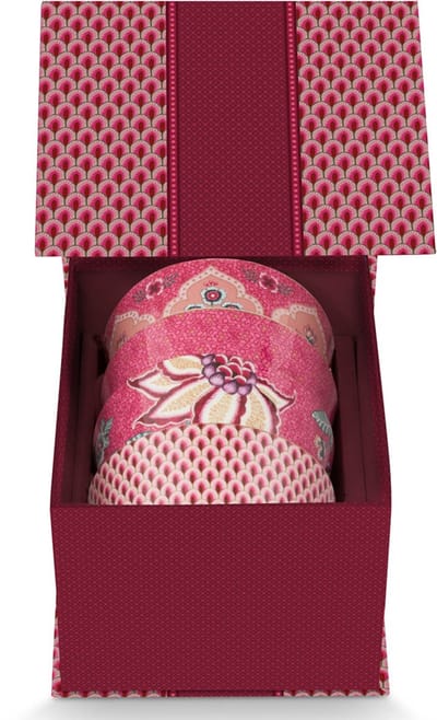 Pip Studio oriental flower dark pink cadeauset van 4 bowls 12cm assortie