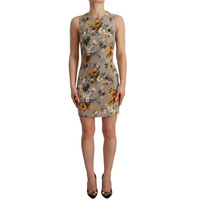 Dolce & Gabbana Dames Grijze Zijde Stretch Bloemen Strakke Mini Jurk
