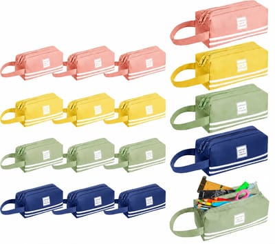 Etui - Pennenzak - Pennenetui - Etui school - 12 Stuks Pennenetui Set – Grote School Etui met 2 Vakken - Canvas Potlood Etui met Dubbele Rits en Handvat - Pennenhouder Organizer voor School - Kantoor en Reizen