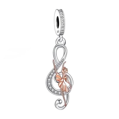 Fler® | Bedel | Past op populaire bedelarmbanden (standaard - 3mm) | Muzieksleutel met Balletdanseres | Hangbedel Charm | 925 sterling zilver | Transparante Zirkonia | Armband Kraal | Valentijnsdag Cadeau | Sinterklaas kado | Kerstcadeau | Verjaardag