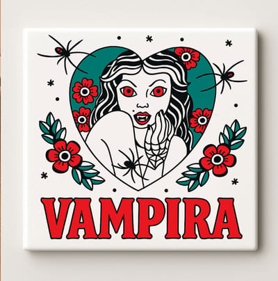 Vampira Gotische Kunsttegel – 15x15cm Keramische Wanddecoratie – Vintage Horror Vrouw Ontwerp met Spinnen & Bloemen voor Halloween of Woondecoratie