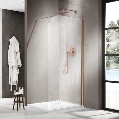 FugaFlow Eccelente Vetro Inloopdouche - 110x200cm - afgeronde glaswand - rechts - ribbel glas - wandarm - geborsteld koper (Koper)