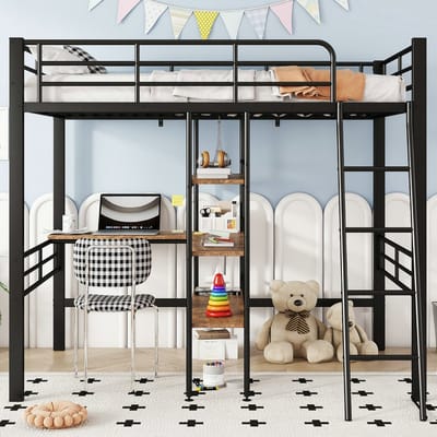 VVBV Metalen Hoogslaper 90x200 cm met Planken, Trap/Ladder - Uitvalbeveiliging, Bureau - Metaal Zwart - Zonder Matras