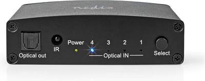 Nedis Digitale Audio-Switch - 4-wegs - Ingangen audio / video / data: DC Power / 4x TosLink - Uitgangen audio / video / data: TosLink Female - Afstandsbediening / Drukknop / Manueel - Metaal - Zwart