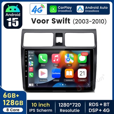 Junsun Octa Core 6+128GB Autoradio - Geschikt voor Suzuki Swift 2003-2010 | Andriod 15 GPS Navi, WIFI, BT, Draadloze CarPlay en Android Auto, PDC, SWC, DSP, RDS, 4G LTE, FM - Plug & Play Stereo Radio